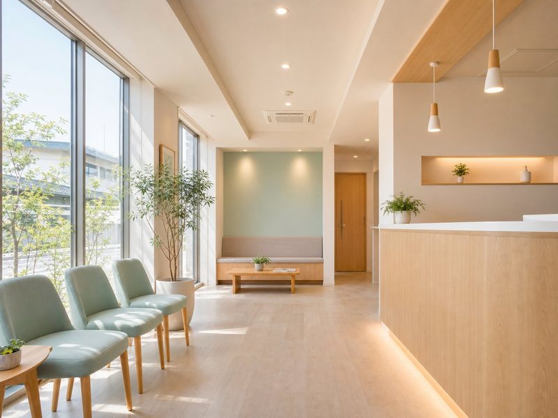 大きな窓と木目の受付カウンターがある明るい待合室のイメージ